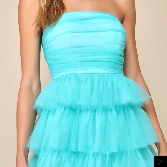 NWT Lulu’s Fabulous Existence Teal Green Tulle Strapless Tiered Maxi Dress Sz M - Picture 3 of 15